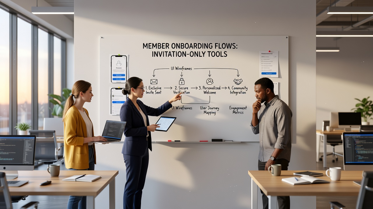 Diagram depicting mid-flow engagement prompts and mentorship matching within an invitation-only online community platform