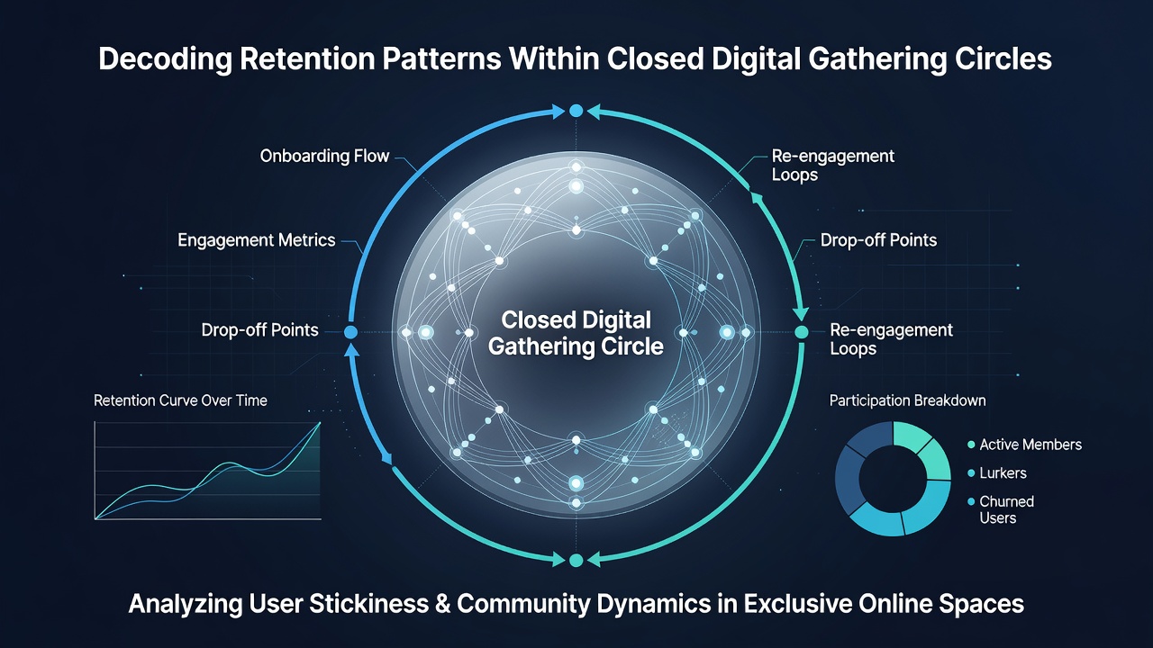 Chart illustrating monthly active user percentages across different sizes of closed digital communities with trend lines for engagement decay